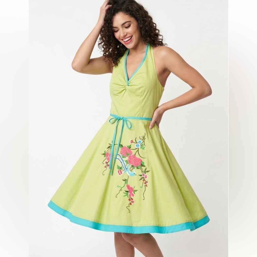 Vintage B. Darlin Lime Green Halter Dress Embroidered Bird Floral A-Line NWT Med - Picture 2 of 12